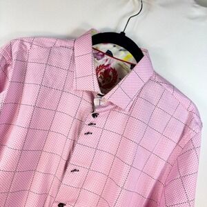 Au Noir Mens Pink Grid Micro Dot Long Sleeve Button Down Shirt Size 4 Large